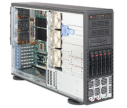 Super 4041M-32R+, Quad Opt/QC, 2x PCI-e, Video, 2x GB Lan, 5x HS SAS, DDR2(256GB), 4U RM, 1200W(1+1)
