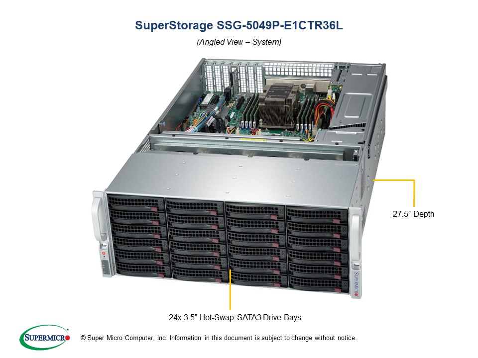 Super 5049P-E1CTR36L, 1x LGA3647, Video,2x 10GB/X557,36xHS SAS3(3008/IT Mode),IPMI,D4(1TB),4U/R1200W