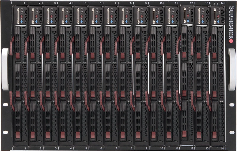 SuperBlade SBE-714E-R75,14x HS Server Blades, InfiniB/2x 10GB Switch, KVM, 2x CMM, 7U RM, 2500W(3+1)