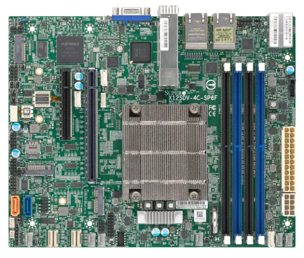Super X12SDV-4C-SP6F, Xeon D-1718T/4C,VGA,2x25G/SFP28+2x1G/RJ45,10xSATA3+R,M.2,IPMI,D4(256G),12V DC
