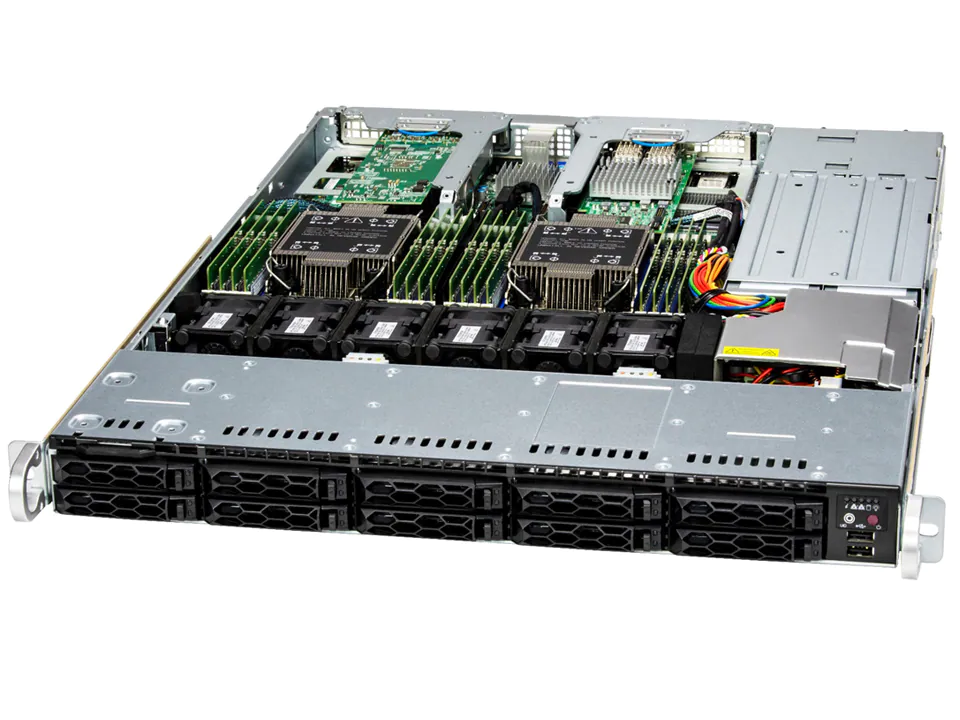 Super 121C-TN10R,4th Gen2xLGA-4677,4xPCIe5.0,Video,2xAIOM,10xHS 2.5" SAS3/NVMe,IPMI,D5(4TB),1U/R860W