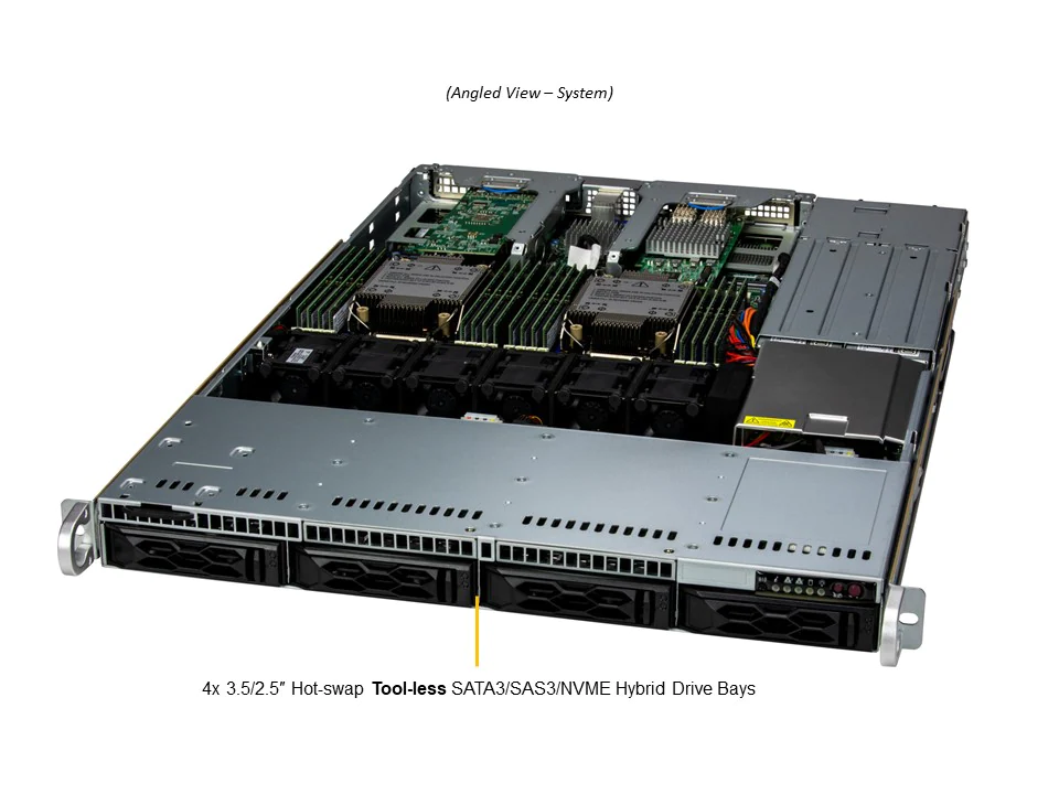 Super 611C-TN4R,4th Gen 2xLGA-4677,4xPCIe5.0,Video,2xAIOM,4xHS 3.5" SAS3/NVMe,IPMI,D5(4TB),1U/R860W