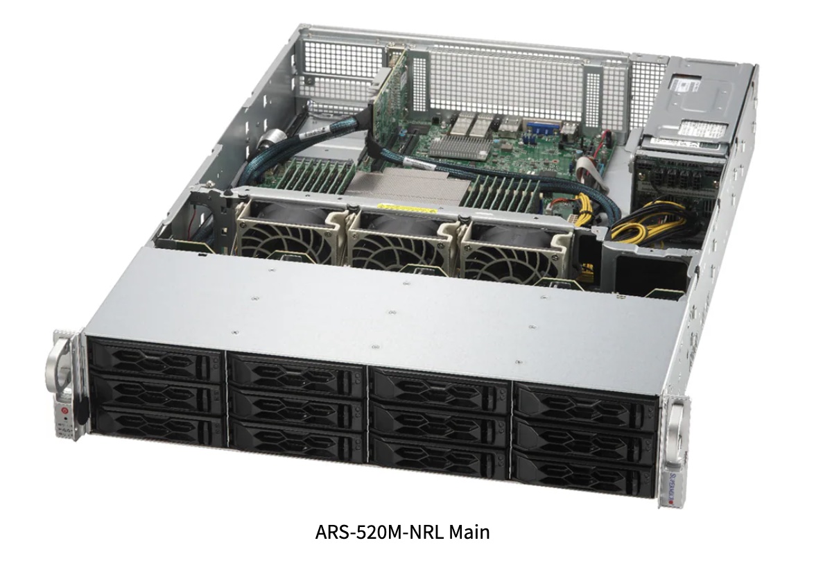 Super ARS-520M-NRL, 2U UP MegaDC with 4 + 8 hot-swap 3.5"/2.5" NVMe/SAS/SATA drives