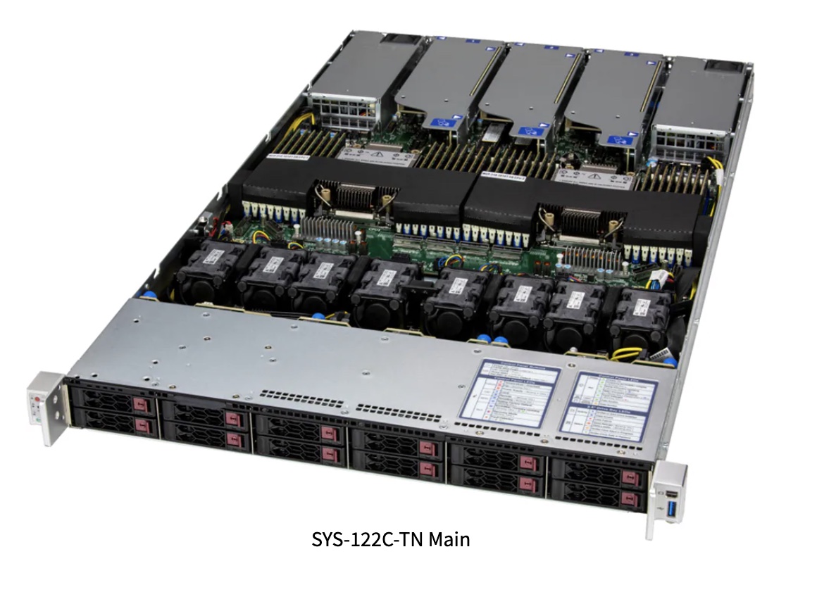 SuperServer CloudDC SYS-122C-TN,  1U with DC-MHS, 12 hot-swap 2.5¿ NVMe/SATA/SAS bays, 3 PCIe 5