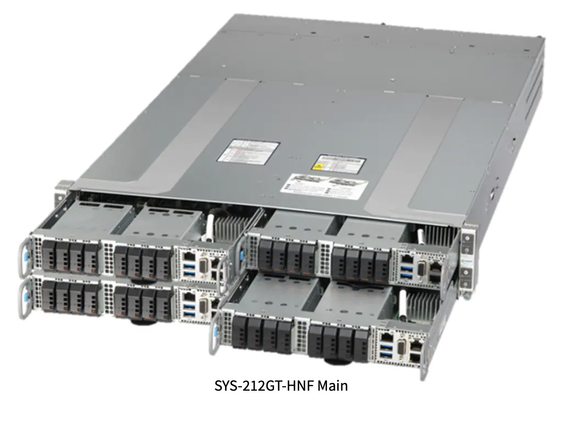 SuperServer GrandTwin SYS-212GT-HNF, 2U 4-Node with up to 8 hot-swap E1.S NVMe drives per node