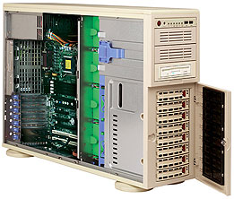 Super 4021A-T2, 2x Opt/QC, 2x PCI-e(x16), Video, 2x GB Lan, 8x HS SATA, DDR2(64GB), 4U RM, 645W(L-N)