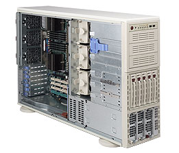 SuperServer 8044T-8R, Quad Xeon/DC, PCI-e, Video, 2x GB Lan, 5x HS SCSI, DDR2(64GB), 4U/1000W(2+1)