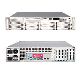 Super 2021M-32R, 2x Opt/QC, Video, 2x GB Lan, 8x HS SAS+R5, DDR2(64GB), 2U RM, 700W(1+1)