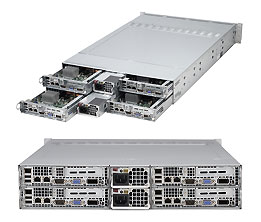 Super 2022TC-HTRF4, 4x Nodes, 2x 4300/6C, Video, 2x GB Lan,3x HS Bay,IPMI,D3(128G),2U RM,R1400W,80+
