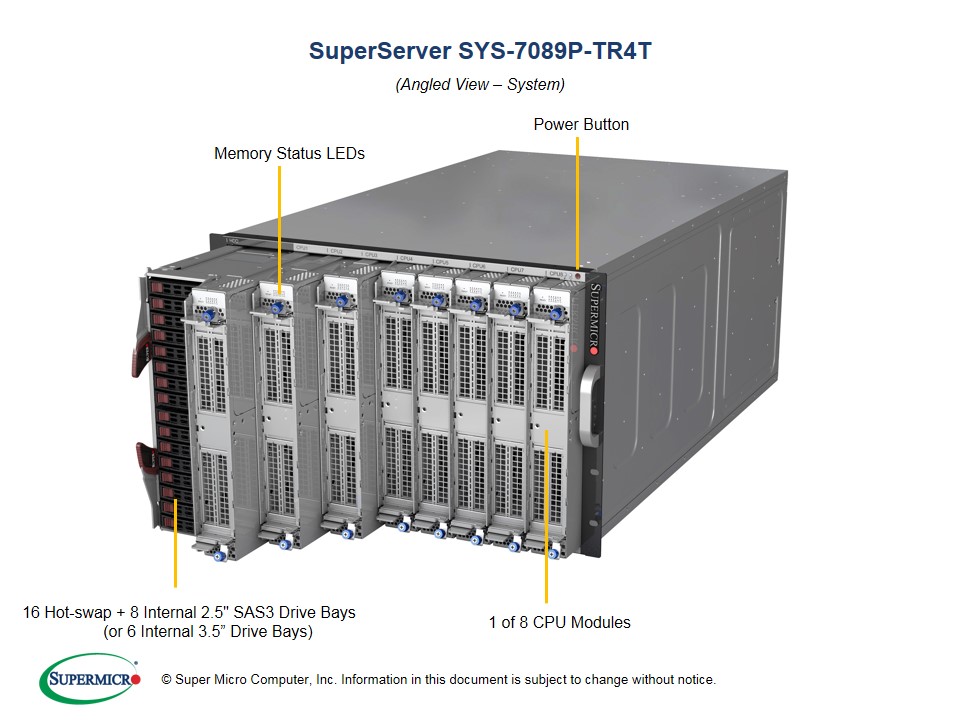 Super 7089P-TR4T, 8x LGA3647,23 or 39x PCIe,Video,4x10GB,16x HS 2.5" SAS3+R,IPMI,D4(12TB),7U/5x1600W