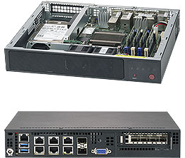 Super E300-9A, Atom C3858, VGA,2x 10GB/RJ45+2x10GB/SFP+ & 4x GB,2x 2.5" Bay,D4(64GB),Mini-1U,84W DC