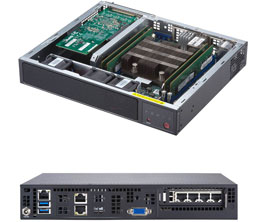 Super E300-9D, D-2123iT-2.2Ghz(4C/8T), VGA, 2x 10GbE/RJ45+IPMI, 1x 2.5" Bay,Mini-1U,120W DC,
