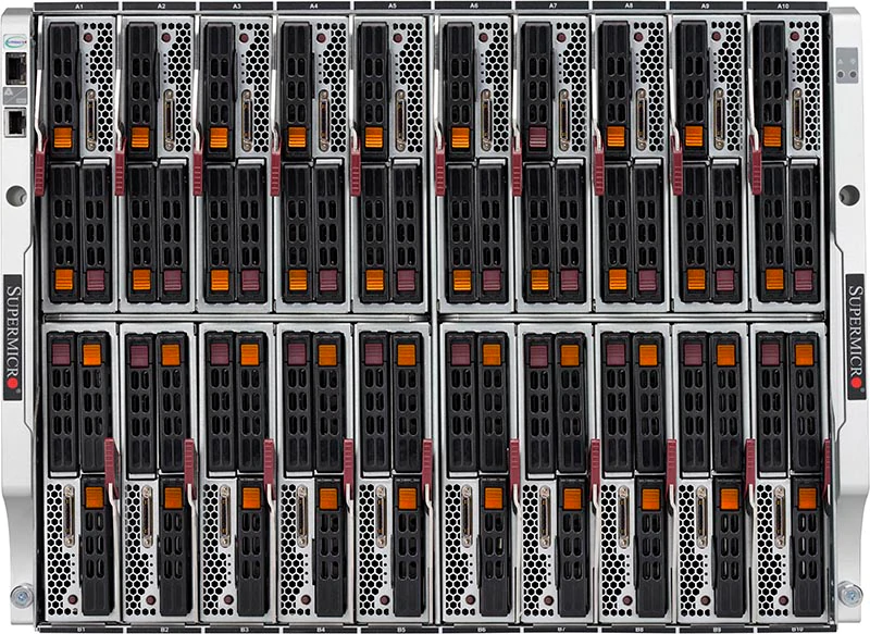 SuperBlade SBE-820C-820D,20xHS Dual or 10x Quad Blades,2x10G/1G and 1x 100G Switch,CMM,8U RM,8x2000W