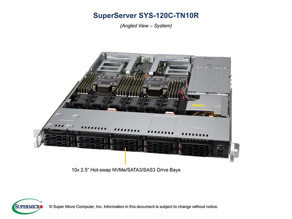 Super 120C-TN10R,2x LGA-4189,4xPCIe4.0,Video,LAN via Slim-AIOM,10xHS 2.5" NVMe,IPMI,D4(6TB),1U/R860W
