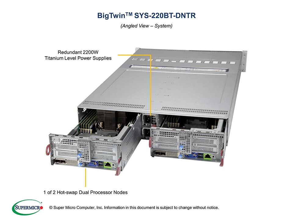 Super 220BT-DNTR,2x Nodes,2x LGA-4189,Video,1xAIOM,12x HS 2.5" SATA3/NVMe4,IPMI,D4(6TB),2U/R2200W