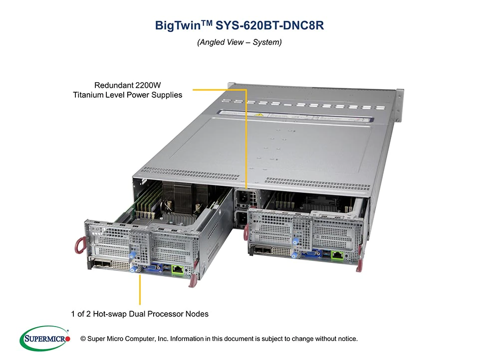 Super 620BT-DNC8R,2xNodes,2xLGA-4189,Video,1xAIOM,6x HS 3.5" SAS3(3808)/NVMe4,IPMI,D4(6TB),2U/R2200W