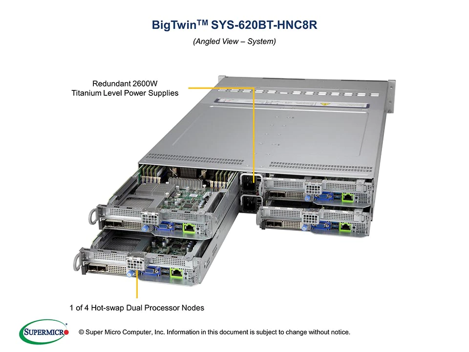 Super 620BT-HNC8R,4xNodes,2xLGA-4189,Video,1xAIOM,3x HS 3.5" SAS3(3808)/NVMe4,IPMI,D4(6TB),2U/R2600W