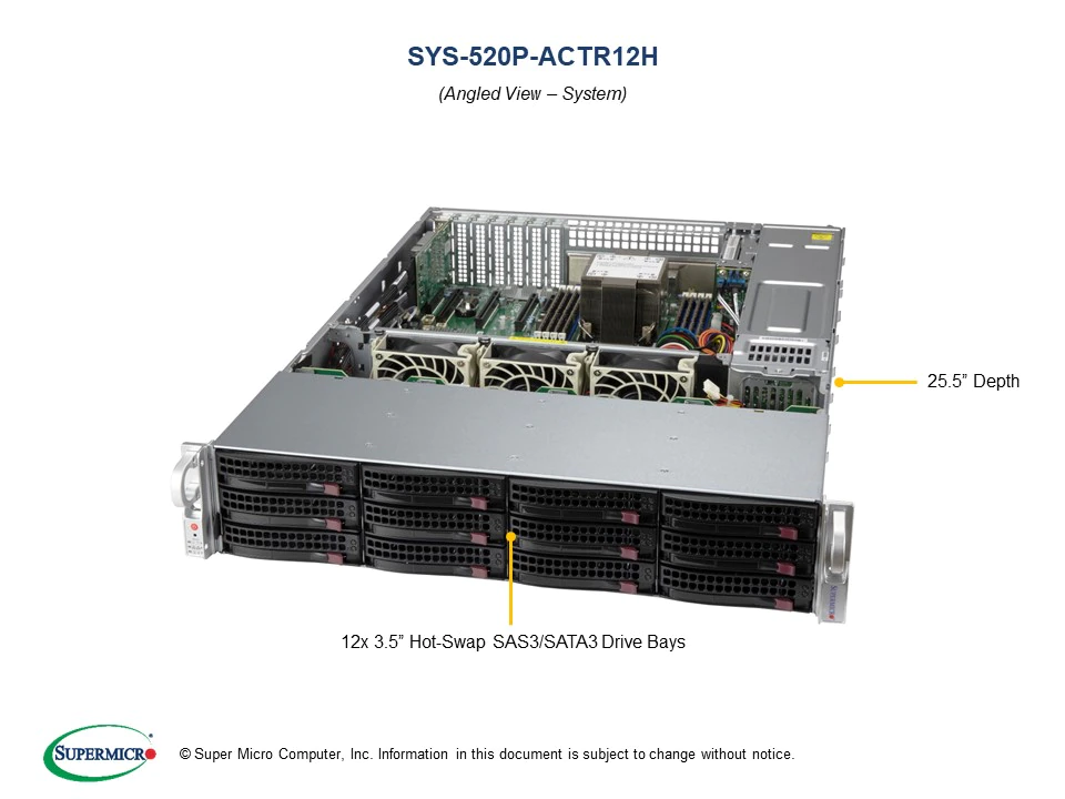 Super 520P-ACTR12H,1x LGA-4189, Video, 2x 10GB/X550,12xHS SAS3(3916/HW Raid),IPMI,D4(3TB),2U/R800W