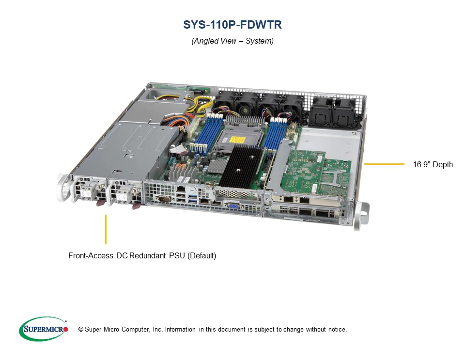 Super 110P-FDWTR,Front IO,1xLGA4189,3xPCIe4.0,Video,2x10GB,2x2.5" Bay,1xM.2,IPMI,D4(2TB),1U/R600W/DC