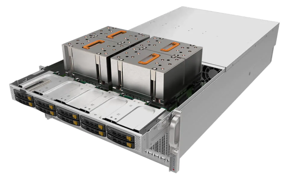 Super 4124GQ-TNMi,2x EPYC 7003,Mi250 OAM,8xGPU,AIOM,10xHS 2.5" U.2 NVMe,IPMI,D4(8TB),4U RM,R3KW(3+1)