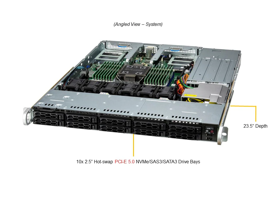 Super 111C-NR, 4th Gen 1xLGA-4677,4xPCIe 5.0,Video,2x AIOM,10xHS 2.5" SAS/NVMe,IPMI,D5(4TB),1U/R860W