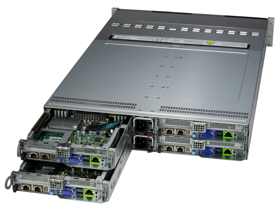 Super 221BT-HNTR, 4x Nodes, 2x LGA-4677, Video,1xAIOM,6x HS 2.5" SATA3/NVMe,M.2,IPMI,D5(4TB),2U/R3KW