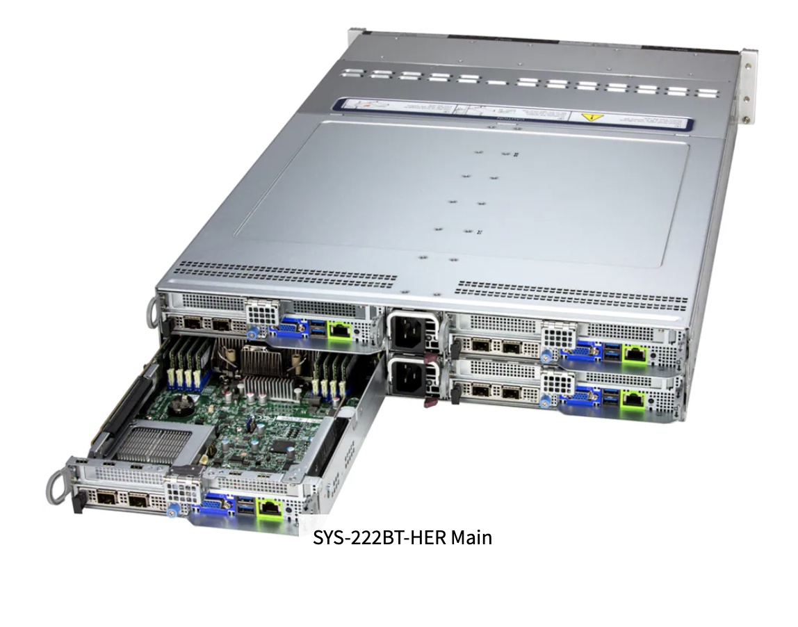Super BigTwin SYS-222BT-HER, 2U 4-Node BigTwin with 8 hot-swap E3.S 1T NVMe drives per node