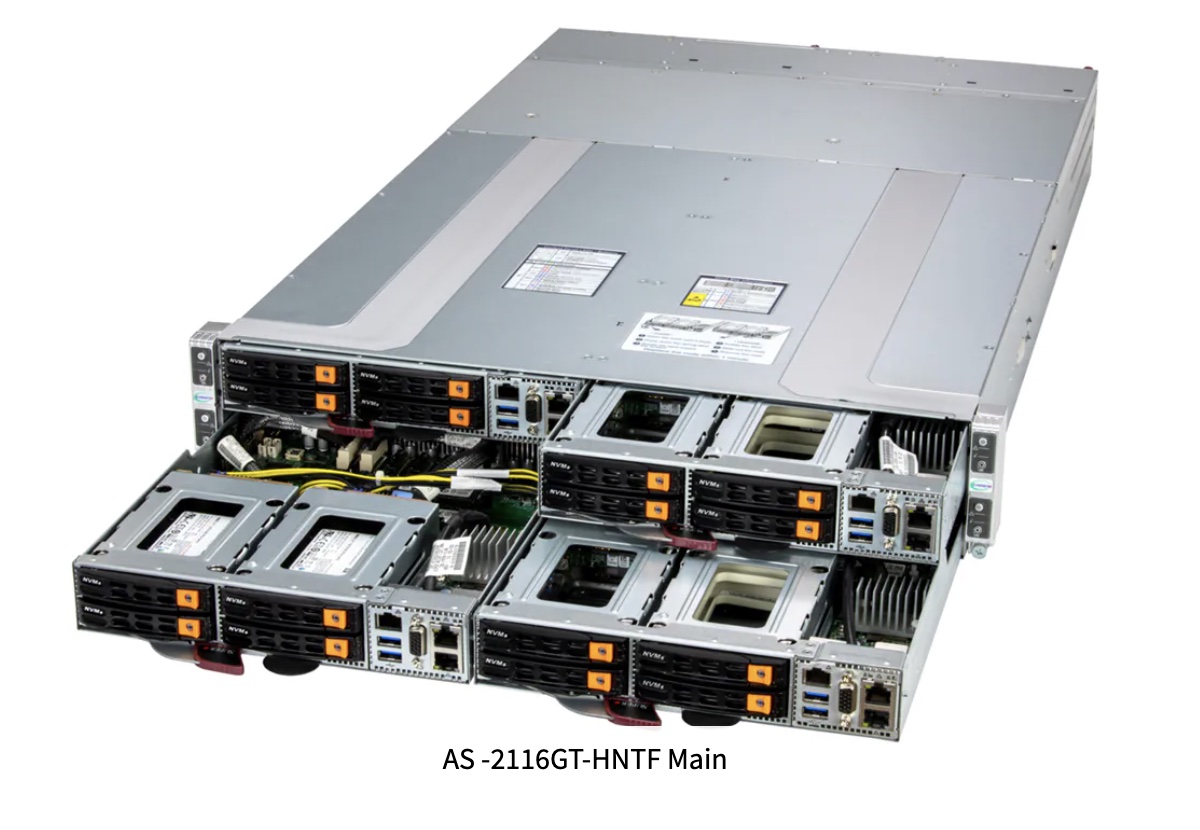 Super A+ Server AS -2116GT-HNTF, 2U 4-Node GrandTwin with up to 4 hot-swap 2.5" NVMe/SATA drives