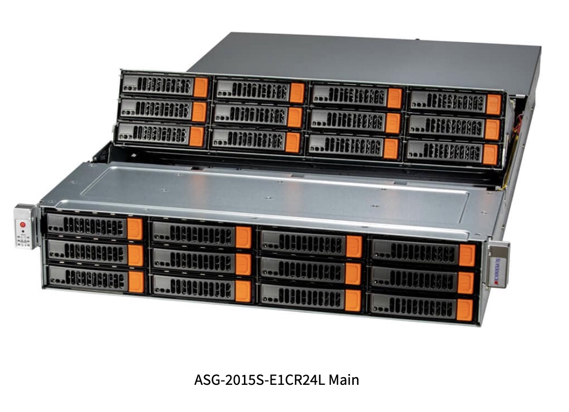 Super Storage A+ Server ASG-2015S-E1CR24L], 2U front/top-loading storage server with 24 hot-swap HDD