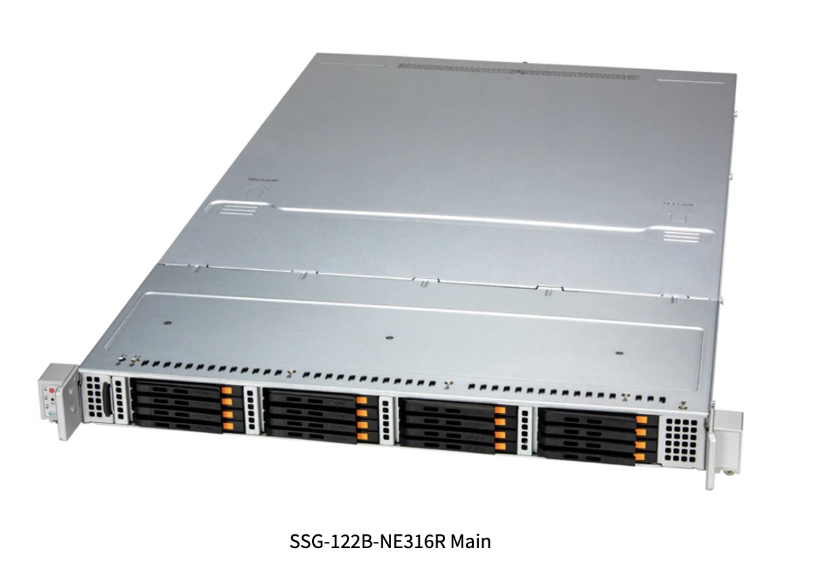 Storage SuperServer SSG-122B-NE316R, 1U front-loading all-flash storage server with 16 E3.S NVMe