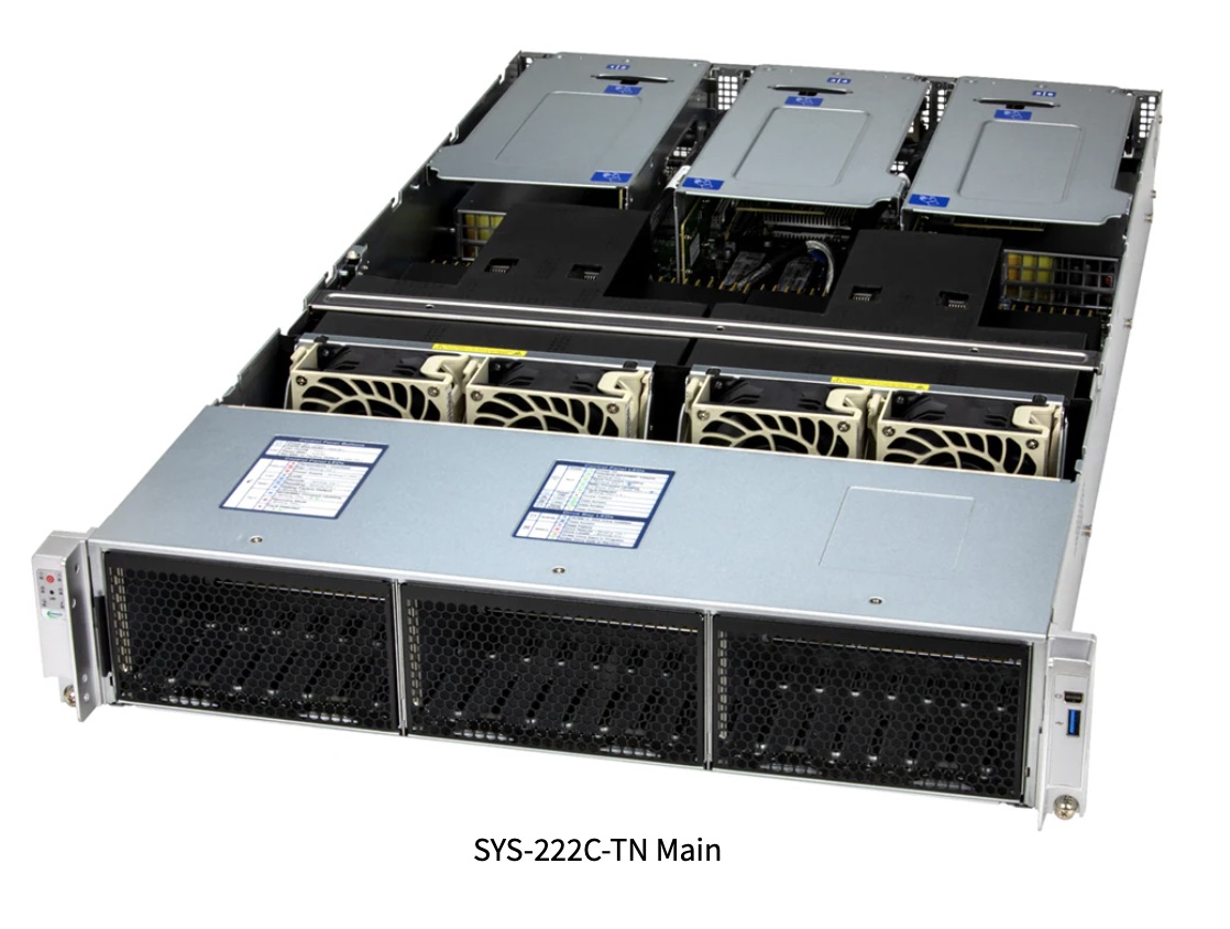 SuperServer CloudDC SYS-222C-TN, 2U UP with DC-MHS, 24 hot-swap 2.5¿ NVMe/SATA/SAS bays, 6 PCIe 5.0 