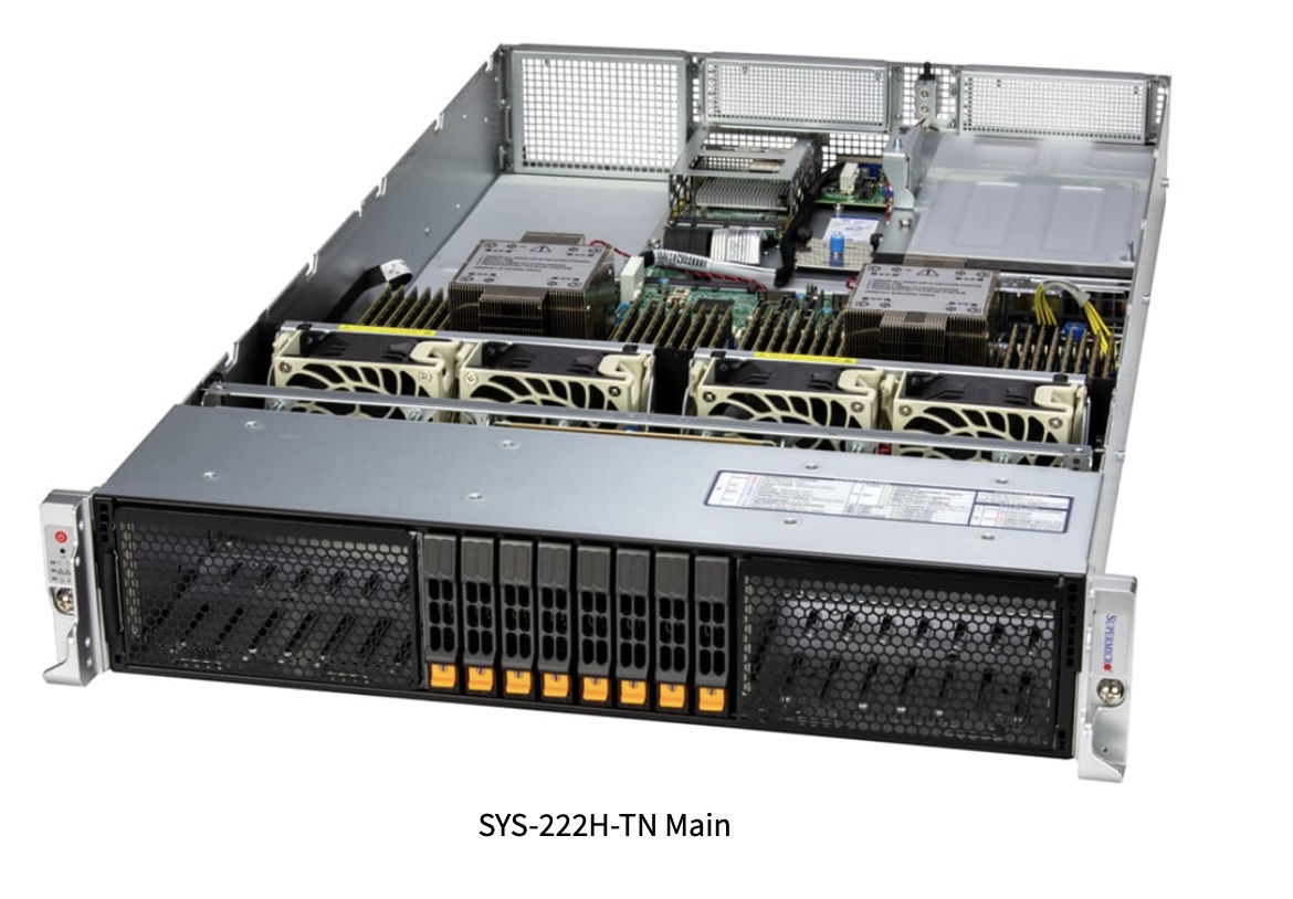 Hyper SuperServer SYS-222H-TN, 2U with 8 hot-swap 2.5" NVMe/SAS/SATA bays and 4 PCIe 5.0 & 16x AIOM
